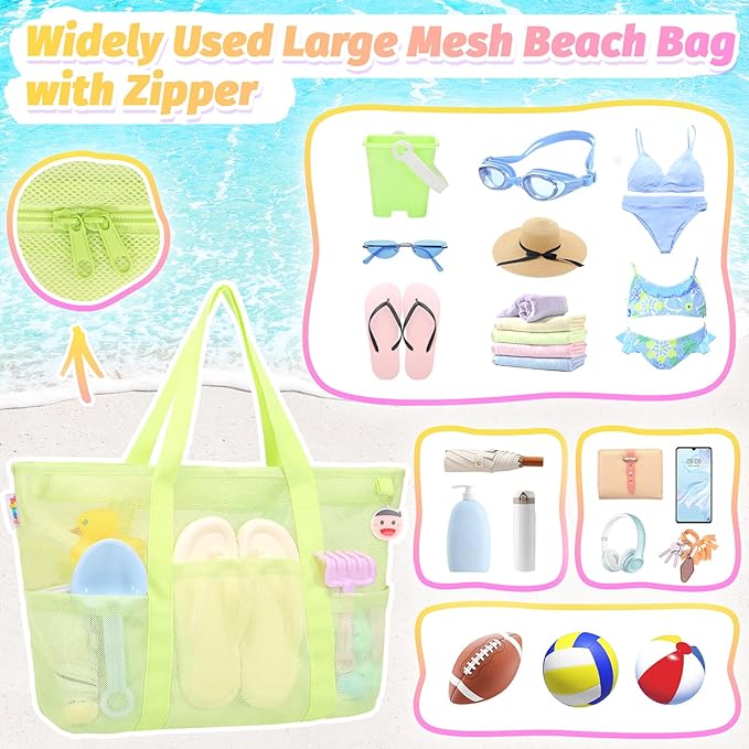 Tagitary Mesh Beach Bag with Zipper Large Beach Tote Waterproof Sandproof with 8 Pockets for Toys Pool Bag Beach Accessories