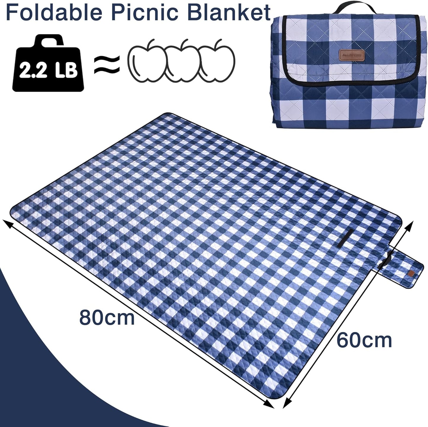 Extra Large Picnic Blanket 80''x 60'' Picnic Mat Waterproof Sand Proof Foldable for Beach, 5-Layer Outdoor Blanket for 6 to 8 Adults,Camping Lawn Hiking Park Music Festival Wedding Mats(Navy Blue)