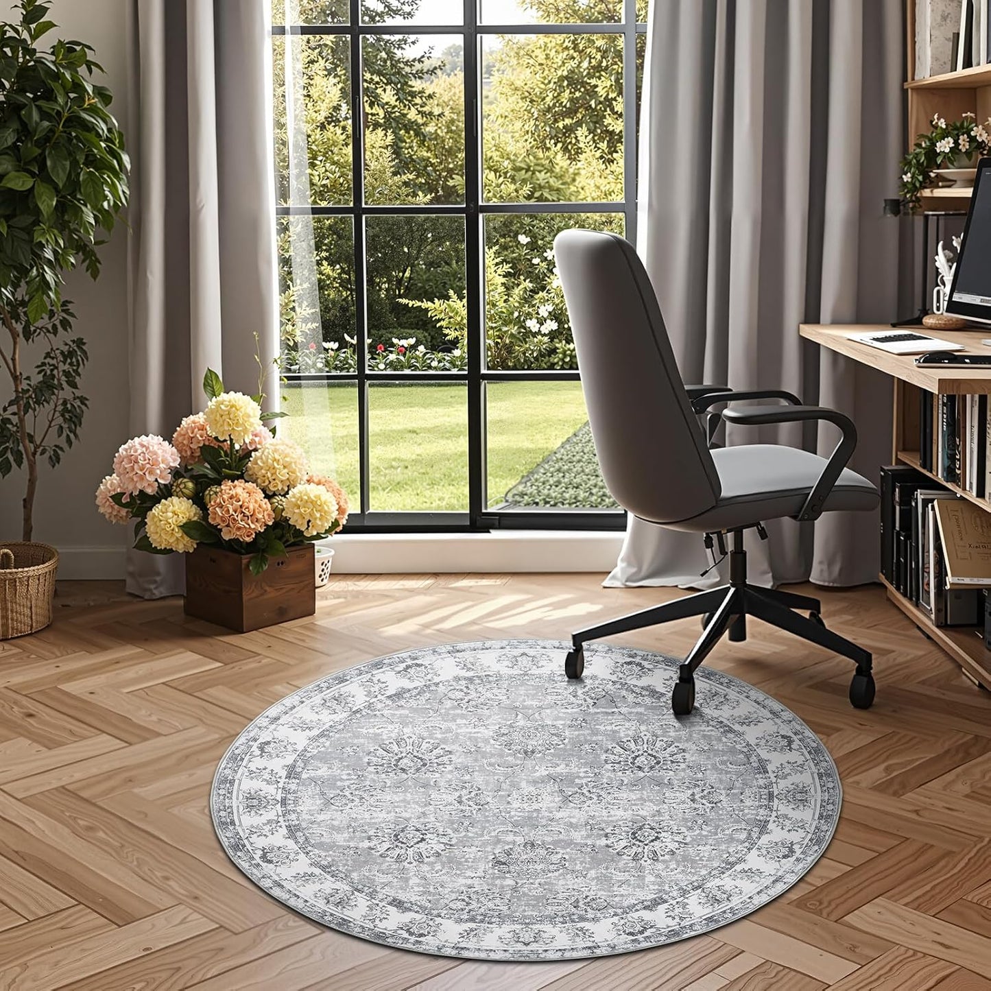 jinchan Round Rug 4ft Area Rug - Indoor Vintage Hallway Circle 4' Washable - Ultra-Thin Low Pile Soft Small Non Slip Distressed Floral Print for Living Room Dining Room Bedroom Entryway Grey