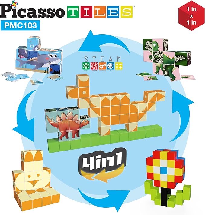 PicassoTiles 103 Pieces 1" Magnetic Toy Building Block Cubes Building Block, 3D Cube Construction Cubes Magnet Sensory Toys Gifts Educational with Free Idea Book for Kid, Boy, Girl & Toddler PMC103