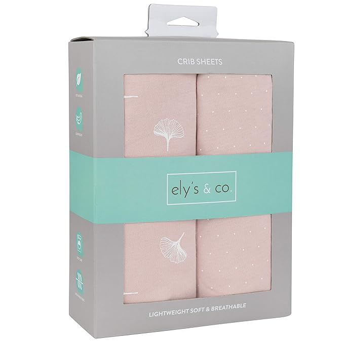 Ely’s & Co. Crib Sheet 2-Pack — Combed, 100% Jersey Cotton for Baby Girl — Rosewater Pink, Pin Dots & Gingko Leaves 52” x 28”