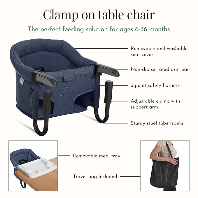 Evolur Clamp-On Comfort Table Chair | Removable & Washable Seat Cover, Dishwasher-Safe Tray, Foldable Design with Carry Bag | Portable High Chair for Babies & Toddlers (6–36 Months)