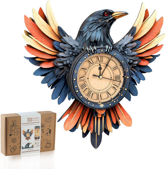 3D Wooden Puzzles for Adults,3D Puzzles for Adults Raven DIY Wall Clock Kit with Pendulum, 34 Pieces 3D Wooden Puzzles,Creative Gift Idea for Teens & Adults