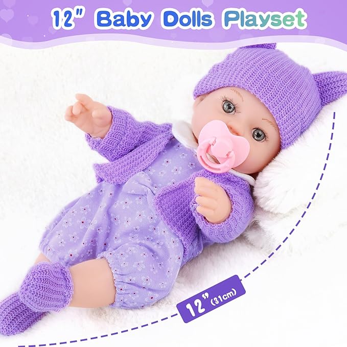 ZNTWEI 12 Inch Backpack Baby Doll Playset with Washable Dolls and Accessories Includes Backpack, Bottles, Nipple, Blankets, Hats, Clothes, Socks First Baby Dolls for Toddlers 3 Years and Up