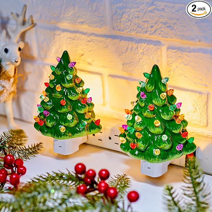 Brightown Ceramic Christmas Tree Night Light - 2 Pack 6" Christmas Decorative Ceramic Tree with ON/Off Switch, Vintage Christmas Night Light for Bedroom Bathroom Porch Holiday Decor