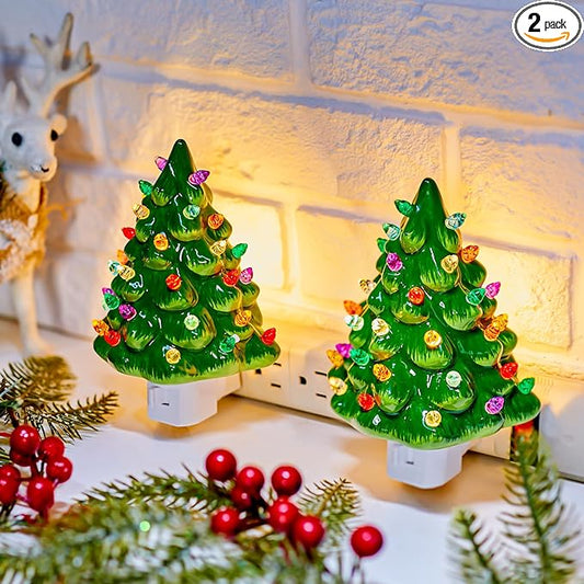 Brightown Ceramic Christmas Tree Night Light - 2 Pack 6" Christmas Decorative Ceramic Tree with ON/Off Switch, Vintage Christmas Night Light for Bedroom Bathroom Porch Holiday Decor
