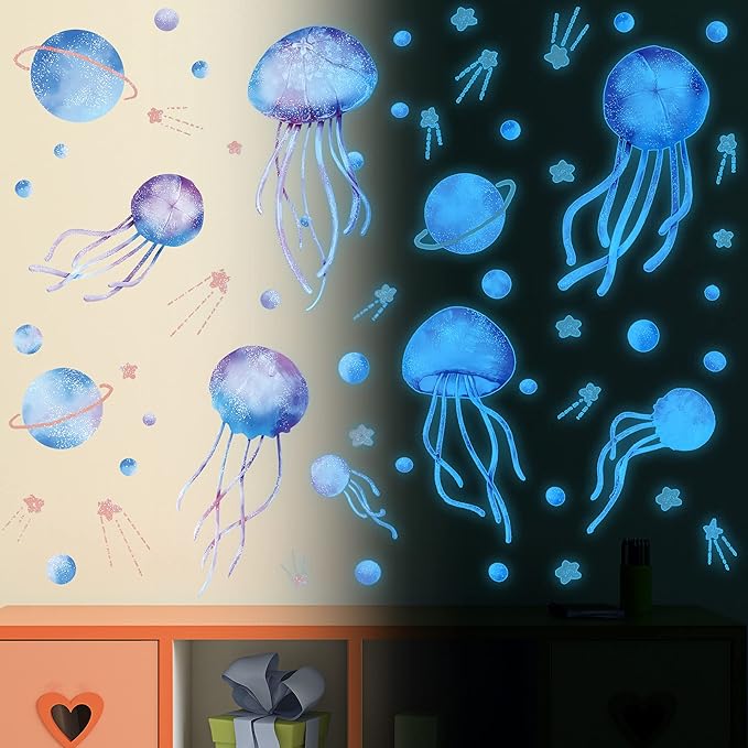 4 Sheets Starry Sky Jellyfish Wall Sticker Glow in The Dark Wall Stickers Planet Blue Luminous Wall Decals DIY Peel Stick Art Decor for Walls Ceiling Kids Bedroom Living Room Nursery Girls and Boys (Blue)