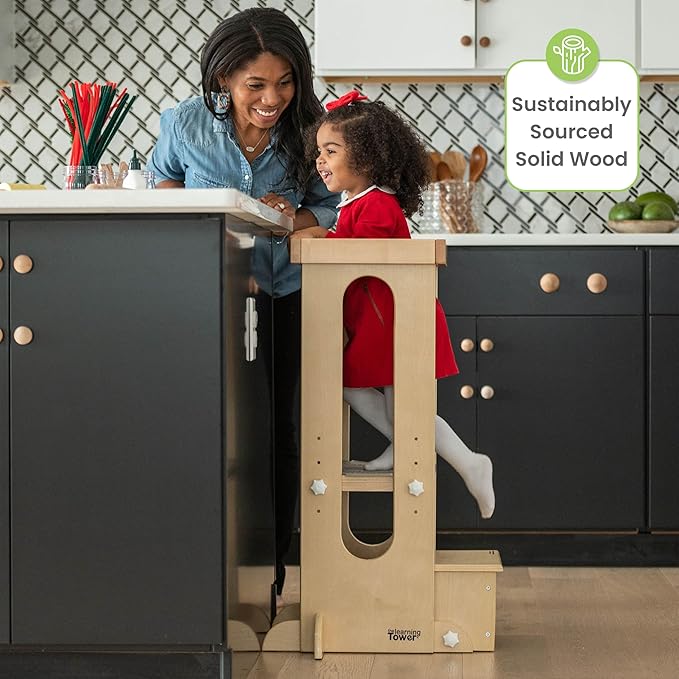 Little Partners Foldable Toddler Tower, Learning Tower Explore 'N Store Montessori Standing Kitchen Tower with Folding Step Stool Platform for Cooking and Learning, Ages 2+ (Natural)