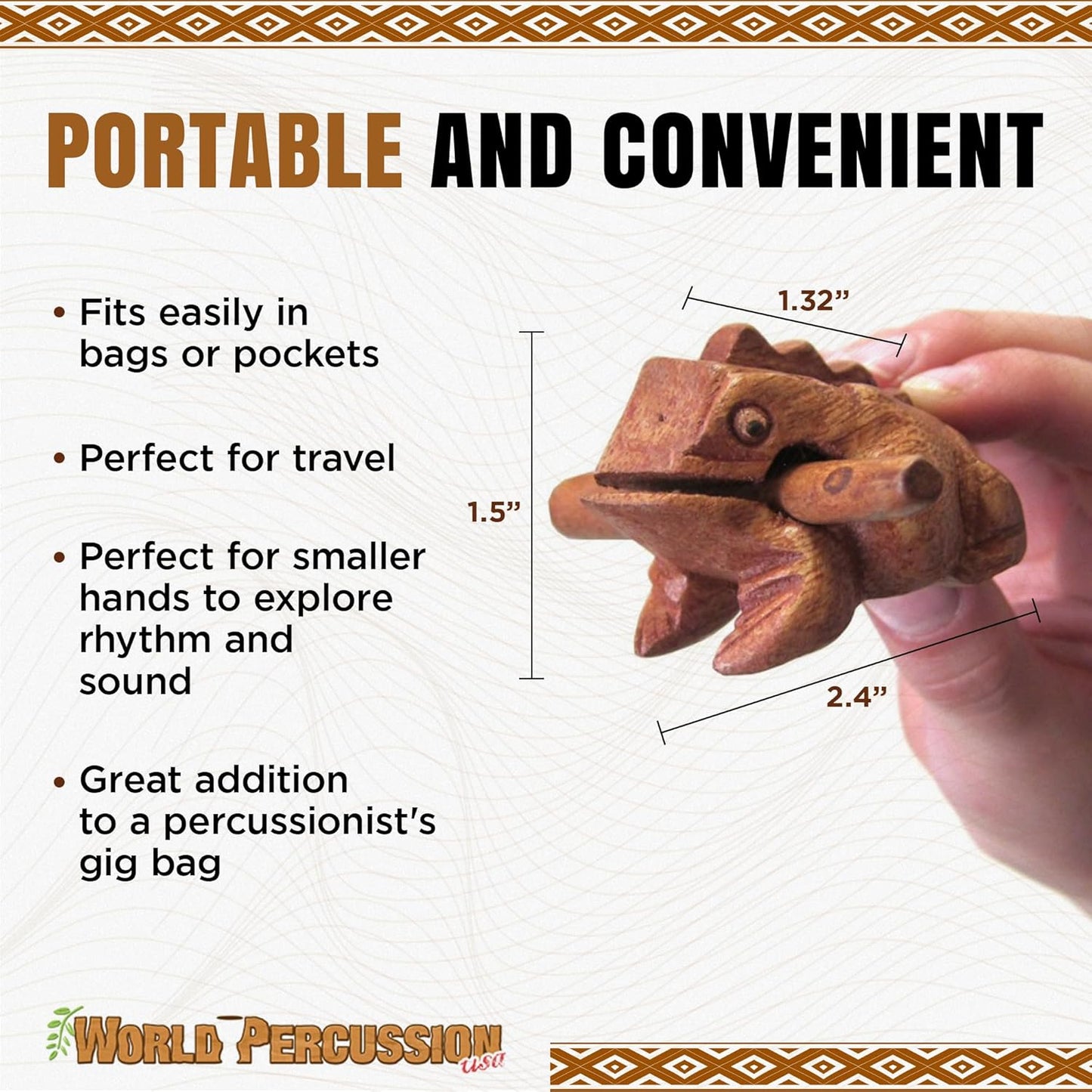 Deluxe Small 2" Wood Frog Guiro Rasp - Percussion Musical Instrument Tone Block - Wooden Instrument with Stick, Noise Maker by World Percussion USA