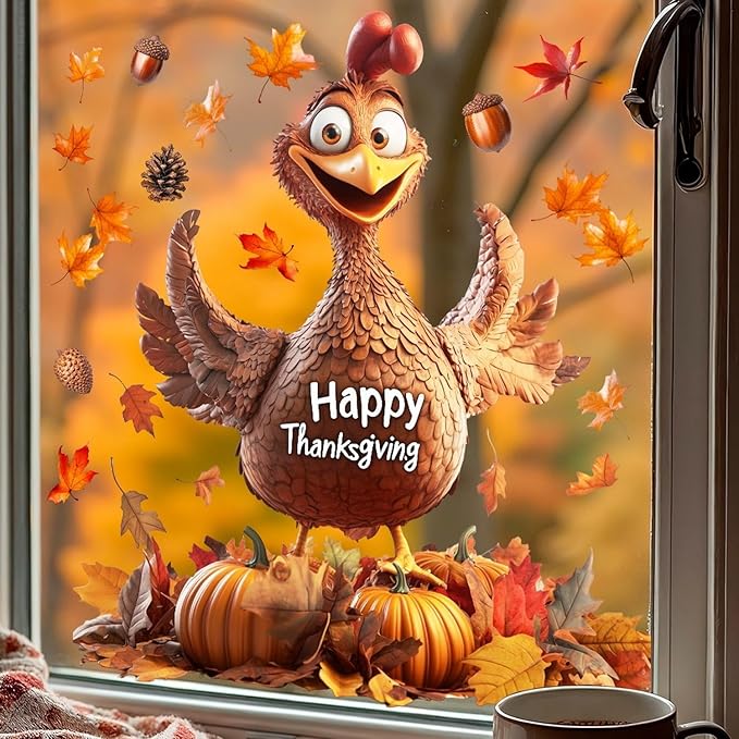 1 Sheet Thanksgiving Window Clings Decor Autumn Maple Leaf Cartoon Turkey Design Double-Sided Fall Window Stickers Happy Thanksgiving clings for Glass Windows Holiday Party DIY Supplies