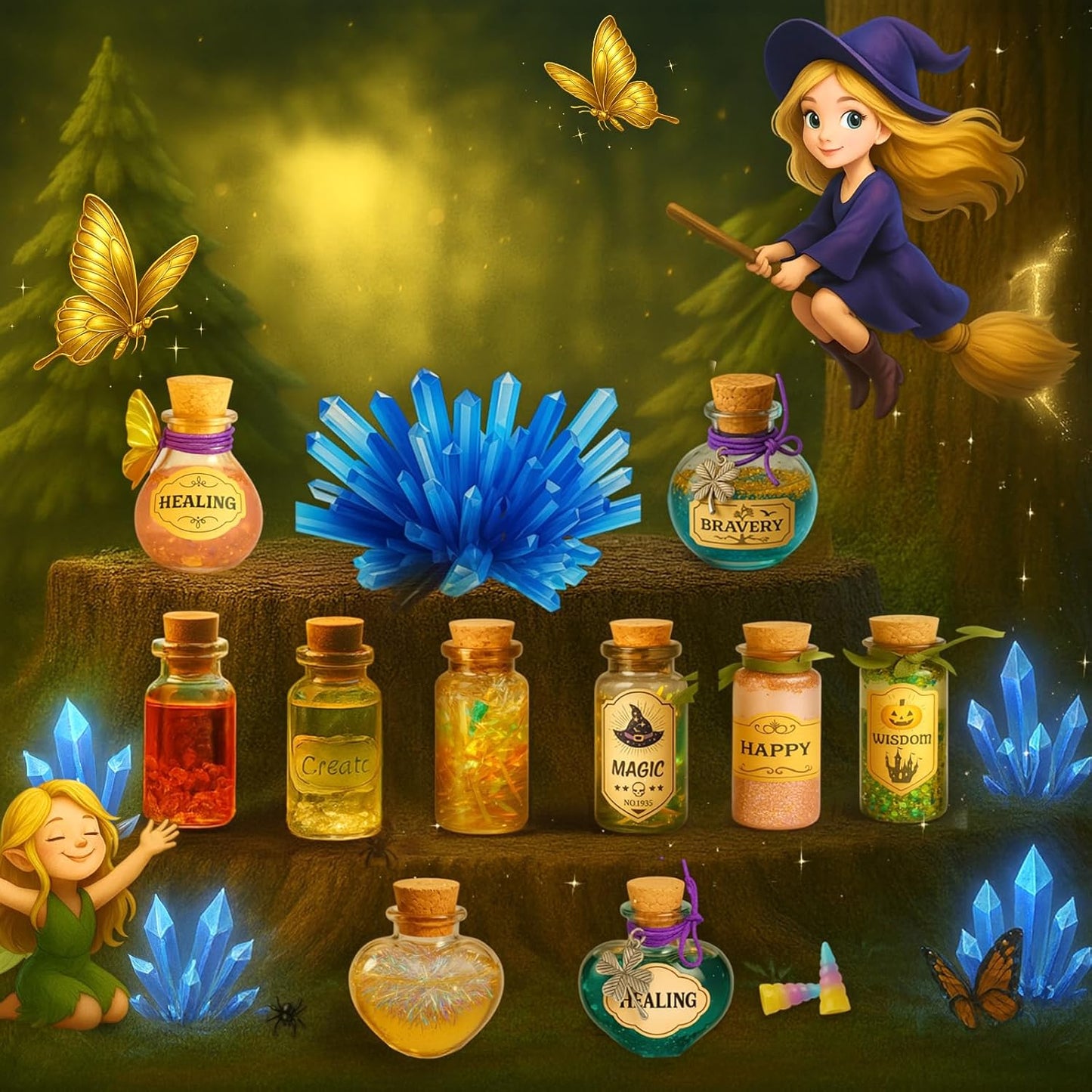 AMIZEY Fairy Potion Kit for Kids with Crystal Growing Toy - 20 Bottles - Gifts for Girls Ages 6-12