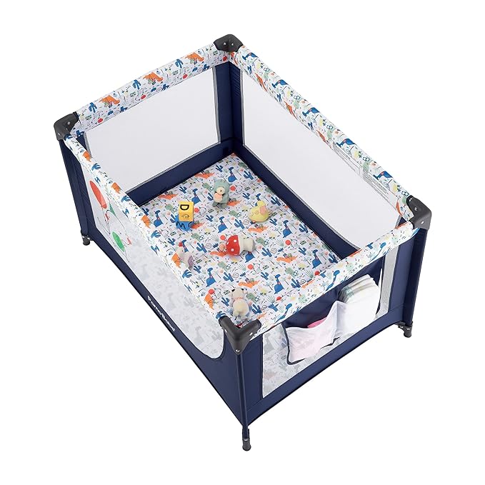 Pamo Babe Travel Foldable Portable Bassinet Baby Infant Comfortable Play Yard Crib Cot with Soft Mattress Breathable Mesh Walls, and Carry Bag Blue