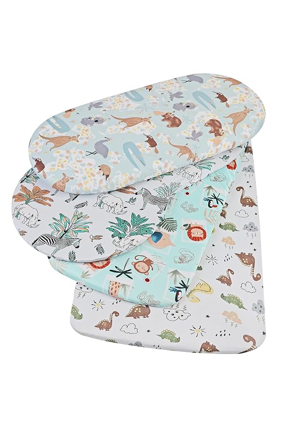 Onacosht Bassinet Sheets for Baby Boy and Girl, Stretchy Breathable Fitted Sheet Universal for Bassinet Cradle Hourglass Oval Rectangle Pad/Mattress, 4 Pack Woodland Animal Printing