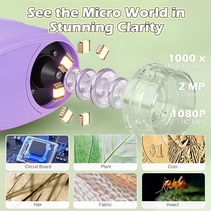 Kids Digital Microscope 1000X Zoom, Mini Pocket Handheld Microscope with Camera/Video/Telescope Function, Portable Outdoor Travel Toys for Boys Girls 3-8 Years STEM Gifts, 8GB SD Card Included