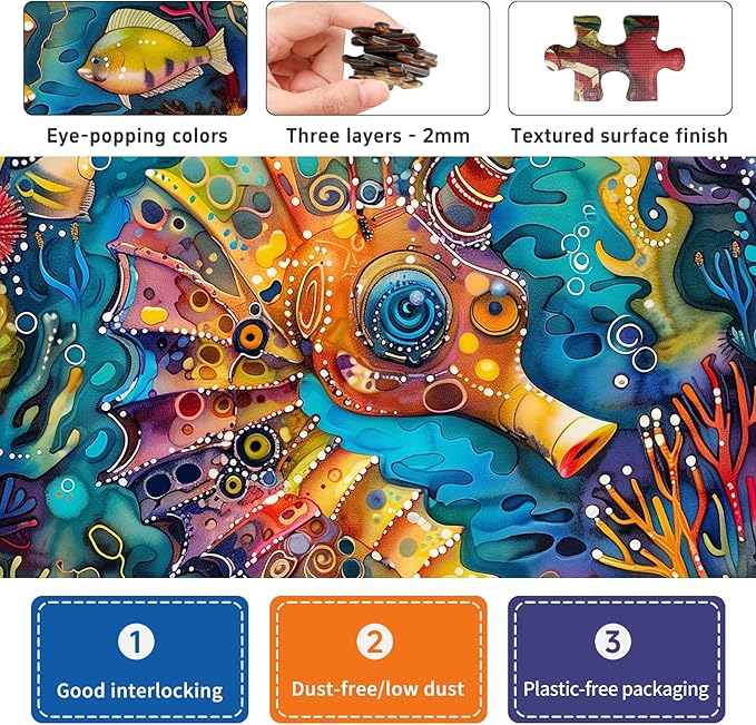 1000 Piece Jigsaw Puzzle for Adults - Vibrant Seahorse Design, 1000 Pieces Challenging & Colorful Art Puzzle for Adults, Color-Coded Back, Puzzle Gift-Ready 19.25 x 26.65 in