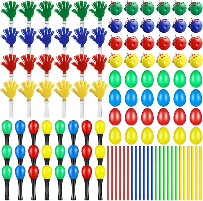 120 Pcs Musical Instruments Learning Percussion Toy Include 24 Plastic Egg Shakers 24 Hand Held Sand Hammers Maracas Rattle 24 Hand Clappers 24 Rhythm Sticks Wood Lummi Sticks 24 Finger Castanets