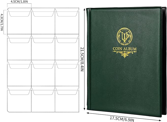 120 Pockets Coin Album - Coin Collecting Book with 10 Pages, 45x43 mm Grid Holder for Pounds Pence Cents Dollars Nickel (Green) CS48120GR