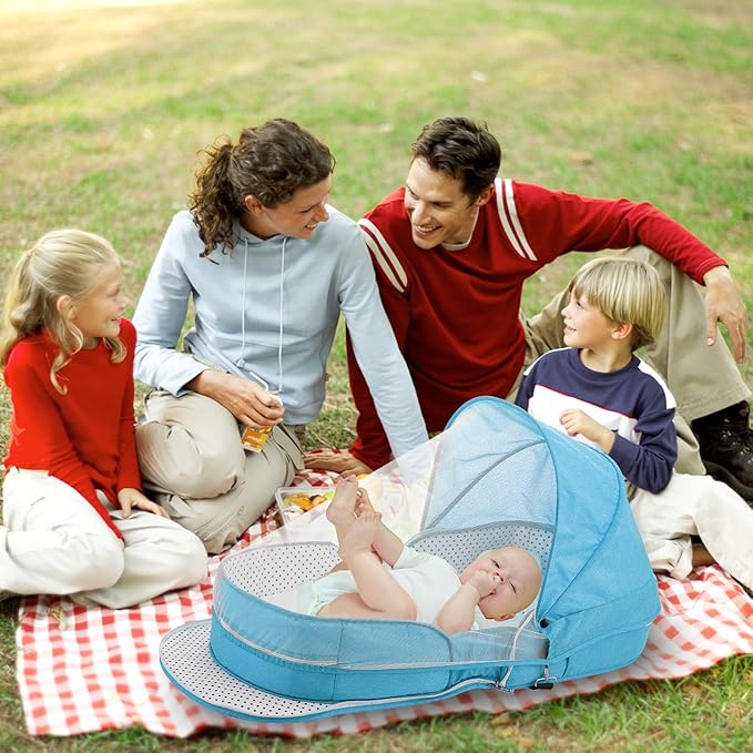 Baby Travel Bassinet Portable Bassinets, Foldable Carry Bag Bassinet Travel Crib, Lightweight Baby Lounger Pod Infant Bed with 2-1 Mosquito & Canopy (Blue)