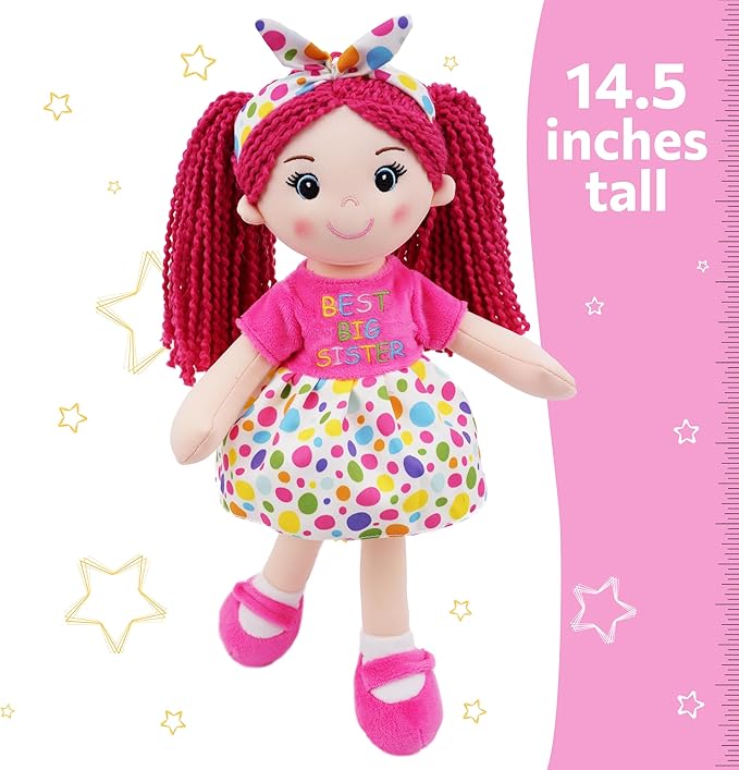 June Garden 14" Best Big Sister Sophie - Soft Cuddly Plush Doll Gift for Girls - Huggable Rag Doll - Pink M