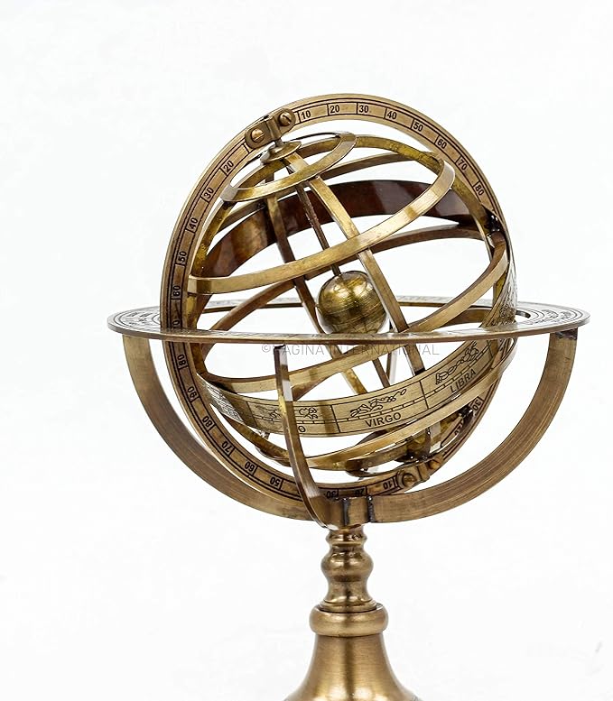 Nagina International Antique Vintage Zodiac Armillary Brass Sphere Globe Wooden Display | Pirate's Antique Ship Decor (Medium, Antique Brass)