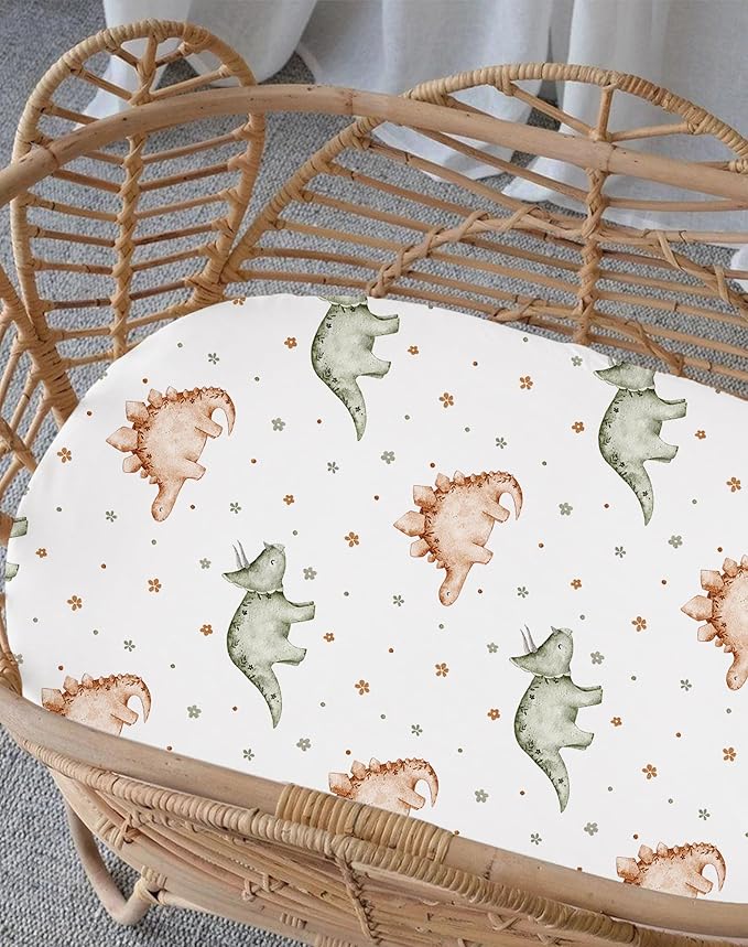Bassinet Sheets for Baby Girls Boys 2 Pack, Fitted Baby Mattress Sheet for Rectangle, Oval, Hourglass Bassinet Mattress, Breathable Cozy & Universal Fit (Tiny Dinos)