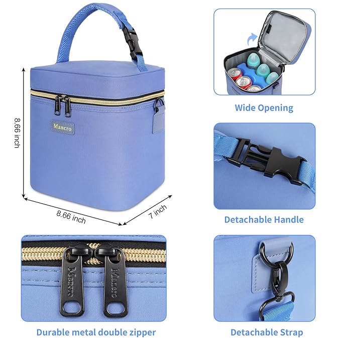 Mancro Breastmilk Cooler Bag with Ice Pack Fits 6 Baby Bottles Up to 9 Ounce, Insulated Baby Bottle Bag with Strap for Nursing Mom Daycare, Blue