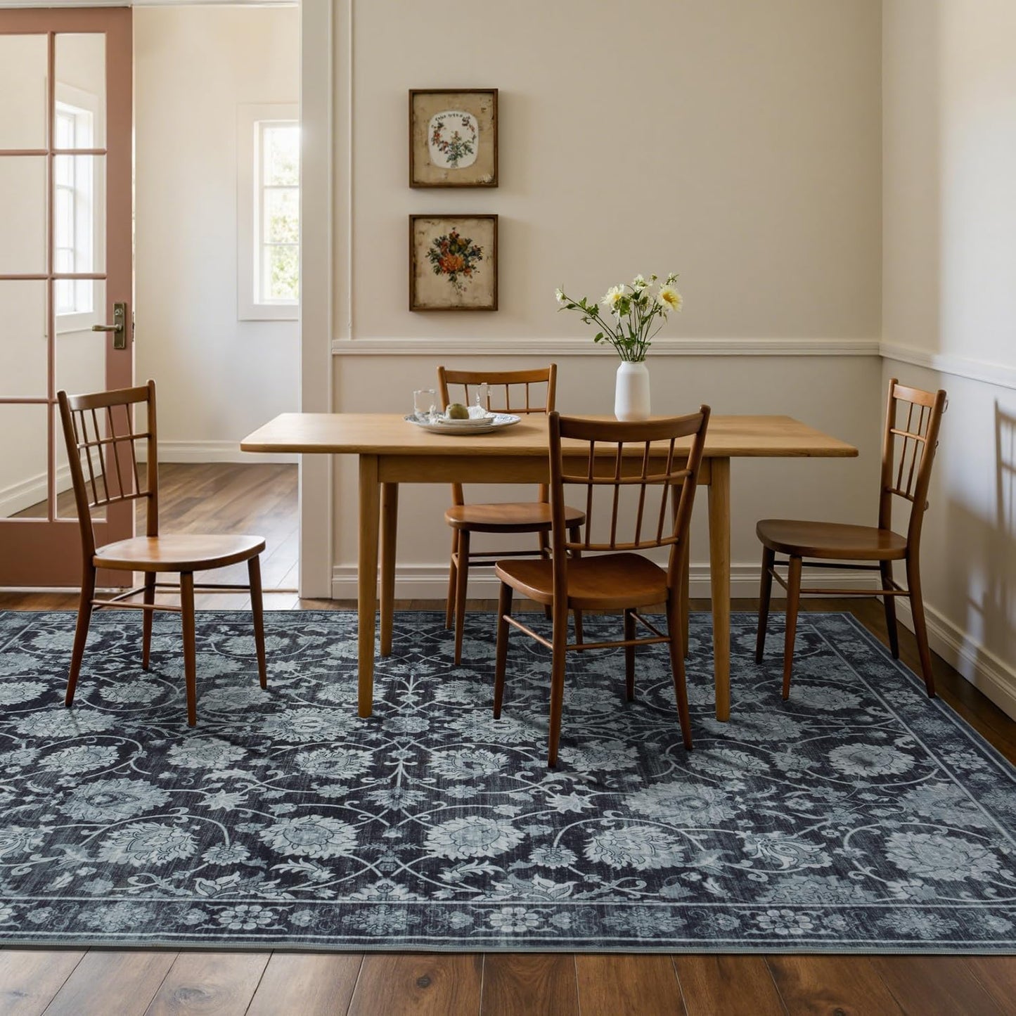 6x9 Area Rug for Living Room & Bedroom, Washable Non-Slip Vintage Distressed Rugs, Floral Soft Carpet, Low Pile Wool Carpets for Indoor Dining Home Office Playroom Under Table, Black