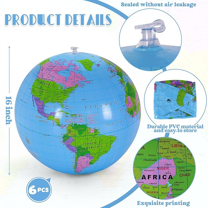 16 Inch Inflatable Globe,Blow up World Globe Beach Ball,Inflatable Earth Beach Ball for Beach Playing or Teaching,Party Bags,Summer Pool Party,PVC Material