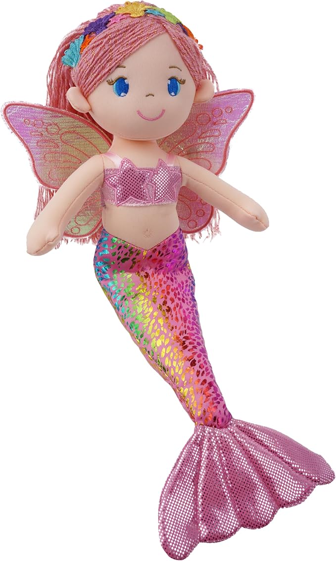 June Garden 16" Selina Pearl Mermaid Fairy Doll – Soft Plush Doll with Shimmery Wings & Sparkly Tail – Huggable Stuffed Toy Gift for Girls Age 18 Months and Up