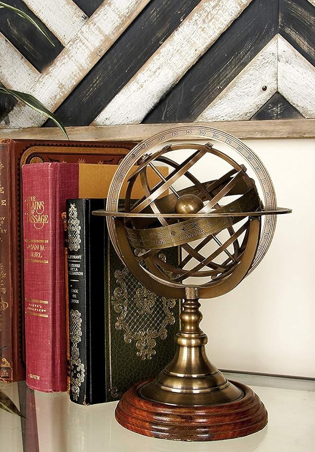 Nagina International Antique Vintage Zodiac Armillary Brass Sphere Globe Wooden Display | Pirate's Antique Ship Decor (Medium, Antique Brass)