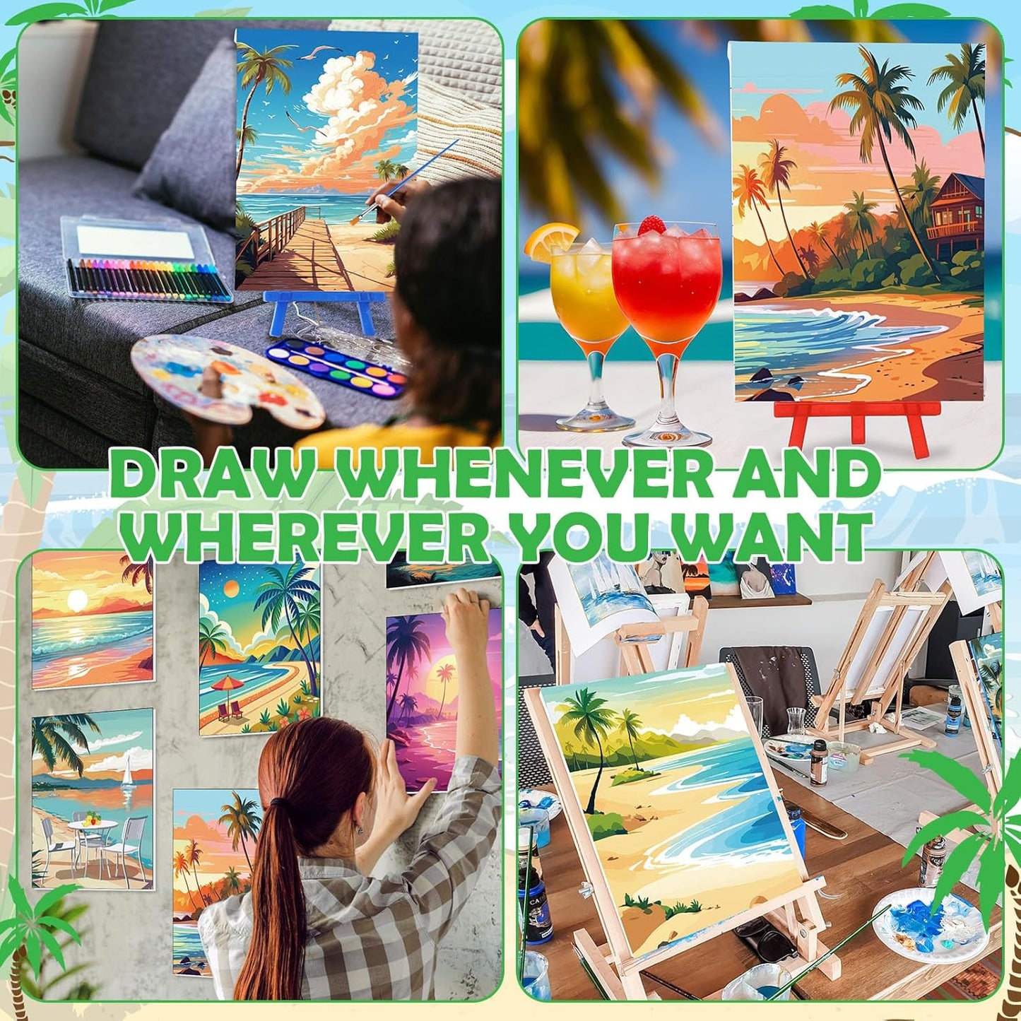 Blosssound 10 Set Pre Printed Canvas Pre Drawn Canvas Painting with Easel Kits 5" x 7" Outline Painting Panels for Beginners, DIY Craft Project, Party Favor, Home Decors(Hawaii)