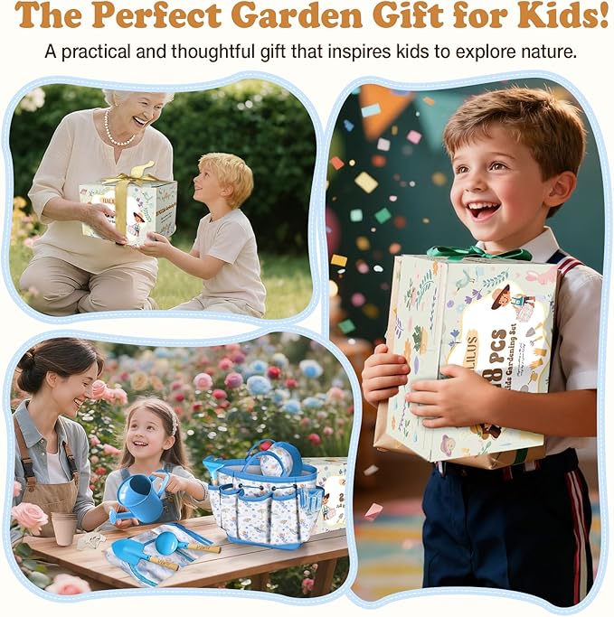 Kids Gardening Tool Set 18PCS Kids Toddler Gardening Set Includes Tote Bag Watering Can Apron Hat Rake Shovel Spoon Gloves Plant Pots and Labels, Outdoor Toys Gift for Boys Girls (Blue)