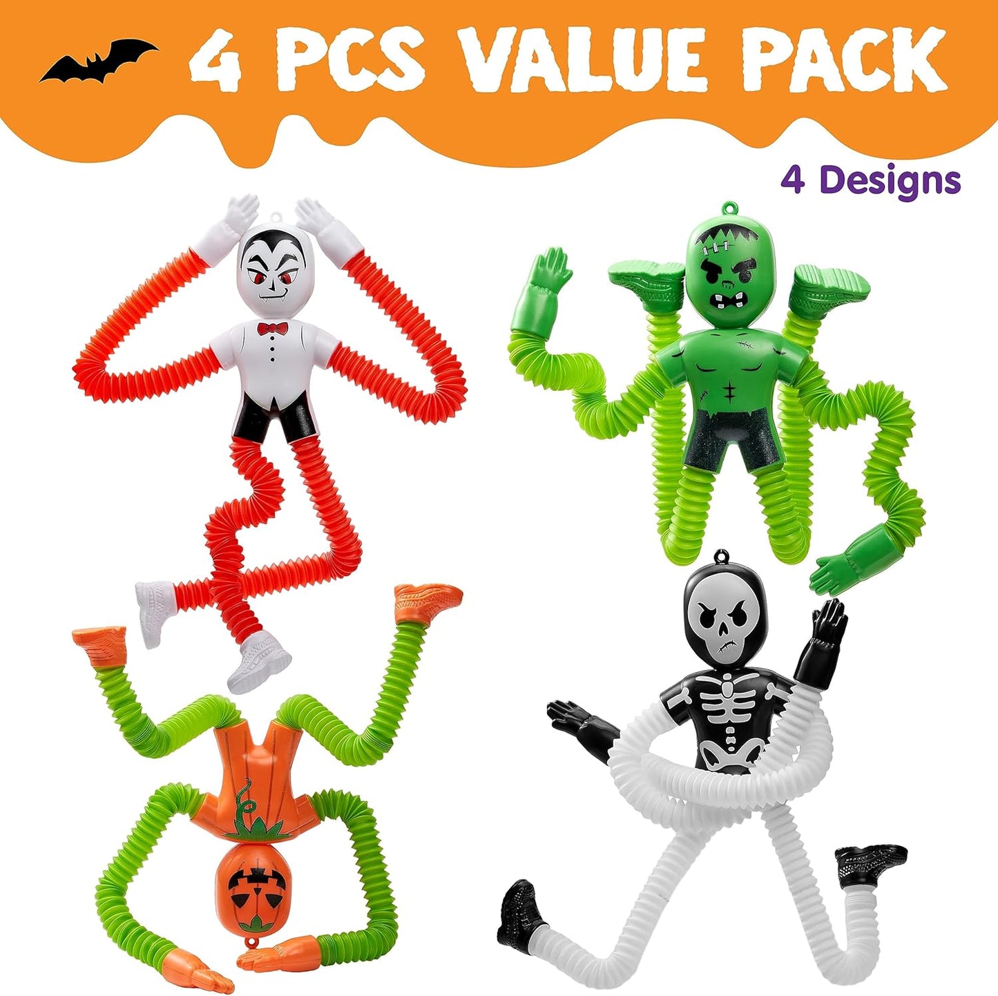JOYIN 4 PCS Halloween Sensory Stretchy Fidget Toys, Stress Relief Telescopic Pop Tube Toys, Halloween Party Favors Children Gift, Frankenstein, Pumpkin, Skeleton, Vampire, Kids Autisms