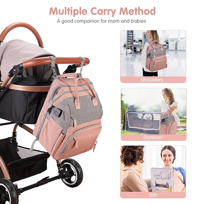 DERJUNSTAR Diaper Bag Backpack – Large Capacity Baby Diaper Bag with Changing Pad, Waterproof Travel Backpack for Boys & Girls, Multi-Function Baby Bag with USB Charging Port, Rose Pink