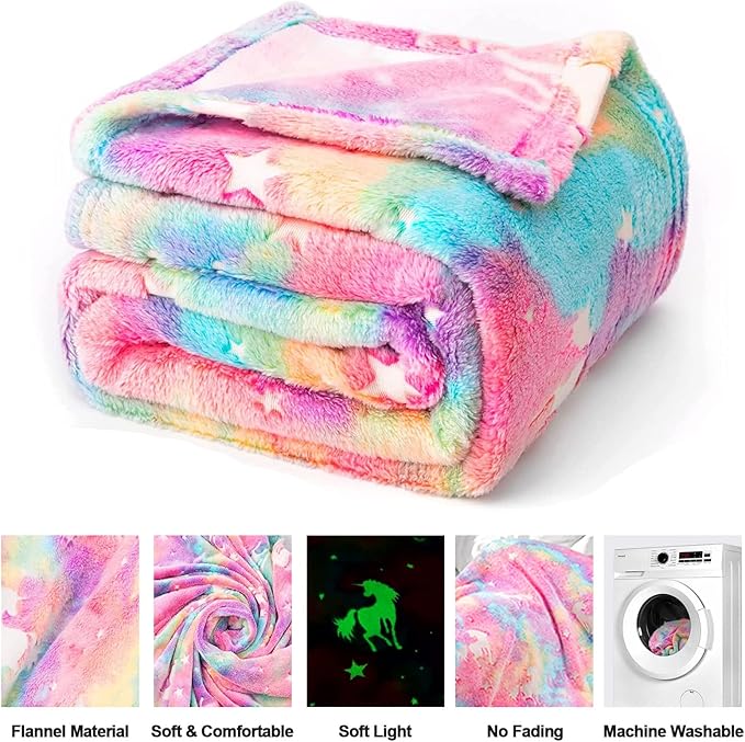 Unicorn Glow in The Dark Blanket for Girls/Kids, Soft Fleece Blanket Throw 50"x60" for Toddlers to Tweens