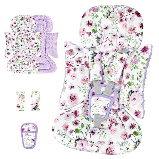 3-in-1 Infant Car Seat Insert, Soft Head and Body Support,Ultra & Strap Covers Set, Reversible Newborn Car Seat Cushion Pad for Baby Boy & Girl fits Stroller, Swing, Bouncer (Purple Flowers)