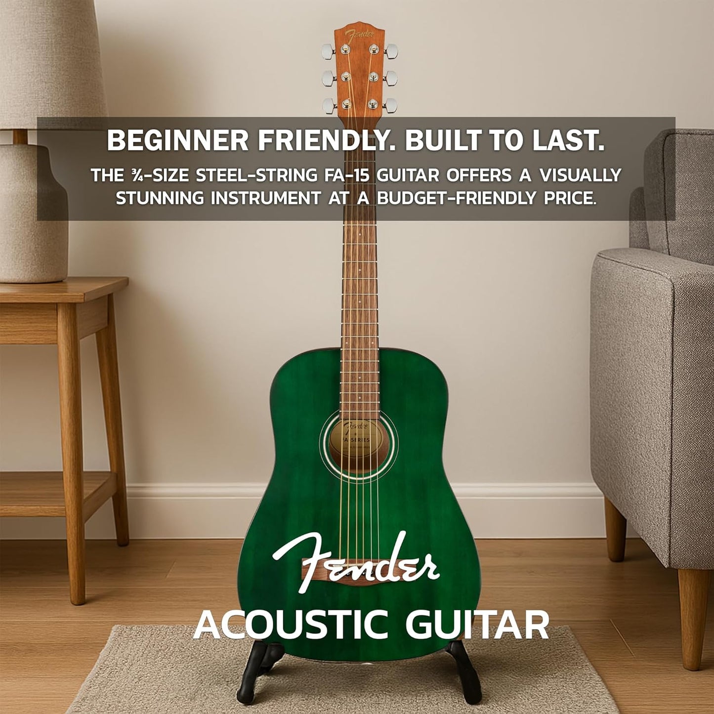 Fender FA-15 3/4-Scale Kids Steel String Acoustic Guitar - Green Learn-to-Play Bundle with Gig Bag, Tuner, Strap, Picks, Fender Play Online Lessons, and Austin Bazaar Instructional DVD