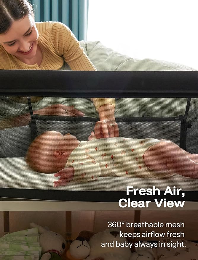 HARPPA Cuddly Bassinet, 2 in 1 Baby Bassinet with Breathable Mesh and Mattress, 6 Height Adjustable, Bedside Sleeper with Anchor Strap, Storage Basket and Wheels