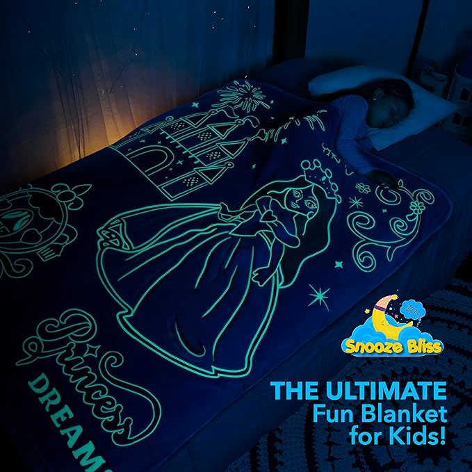Snooze Bliss Glow in The Dark Princess Blanket– Fun Birthday Gift for Kids Who Love Toys & Dresses for Girls. Cute Toddler Blanket Throw for Princess Bedding and Room Decor