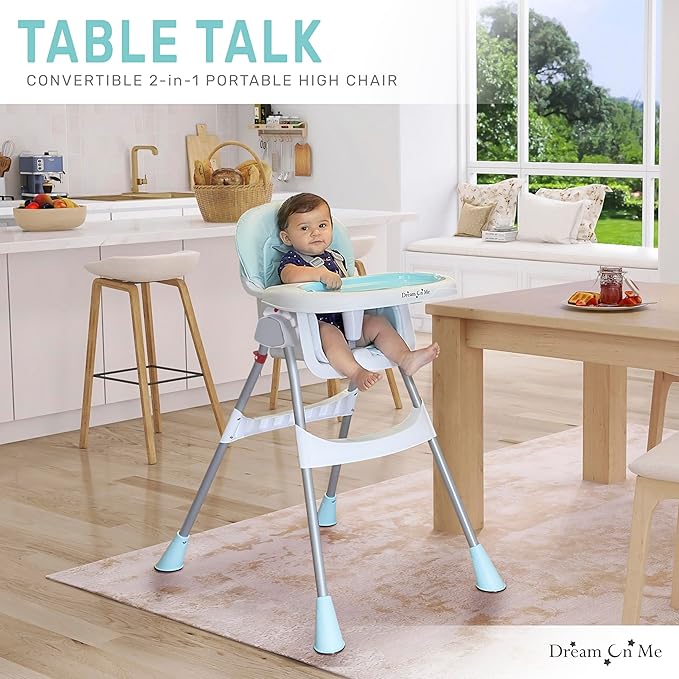Dream On Me Portable 2-in-1 Tabletalk High Chair, Convertible Compact Light Weight High Chair, Aqua