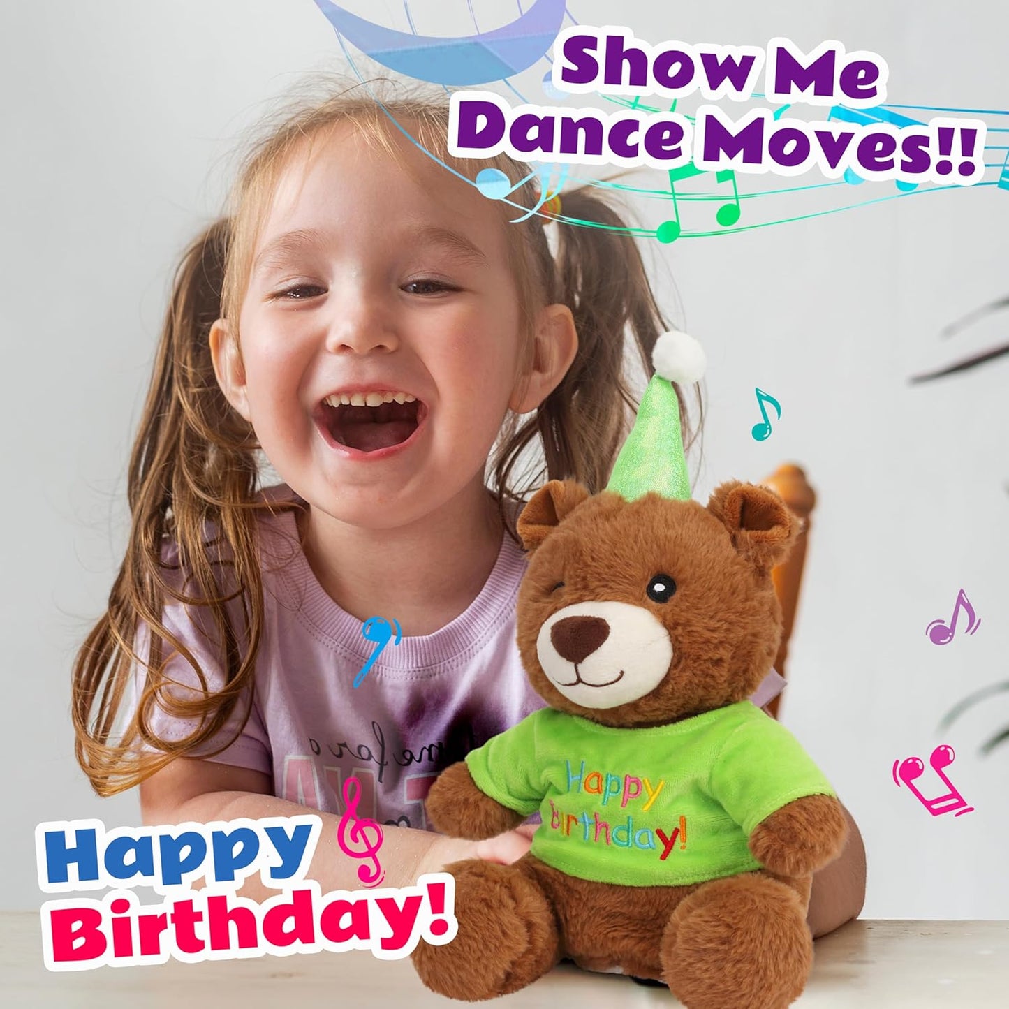 Cuteoy Happy Birthday Bear Musical Stuffed Animal Shaking Singing Dancing Plush Toy Electric Interactive Animated Plushies Gifts for Kids Girls Boys