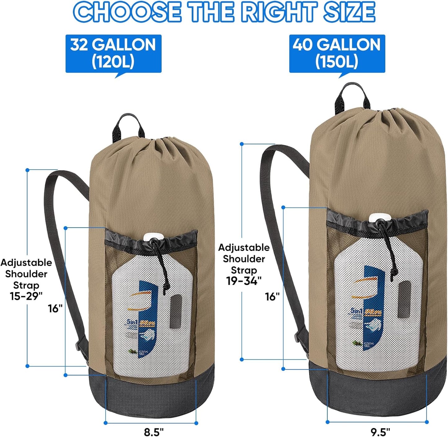 BALEINE 120L Laundry Bag Backpack, 900D Oxford Fabric Large Travel Laundry Bags with Shoulder Straps and 2 Mesh Pockets for College Dorm, Apartment, Laundromat (Khaki, 120L)