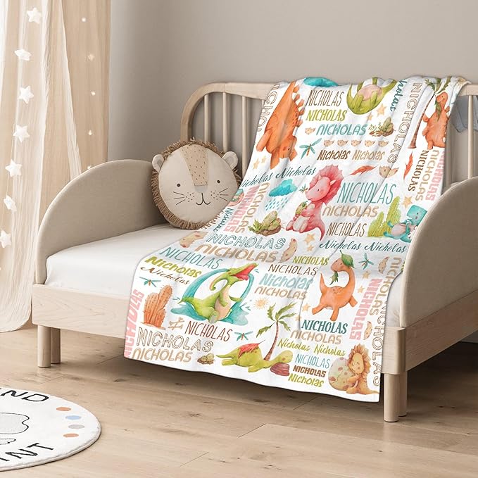 Personalized Baby Blanket for Girls Boys Kids Dinosaur Custom Baby Blanket with Name Throw Birthday Gift for Toddlers Infants Shower Newborns Nursery Stroller Crib Bed Decor