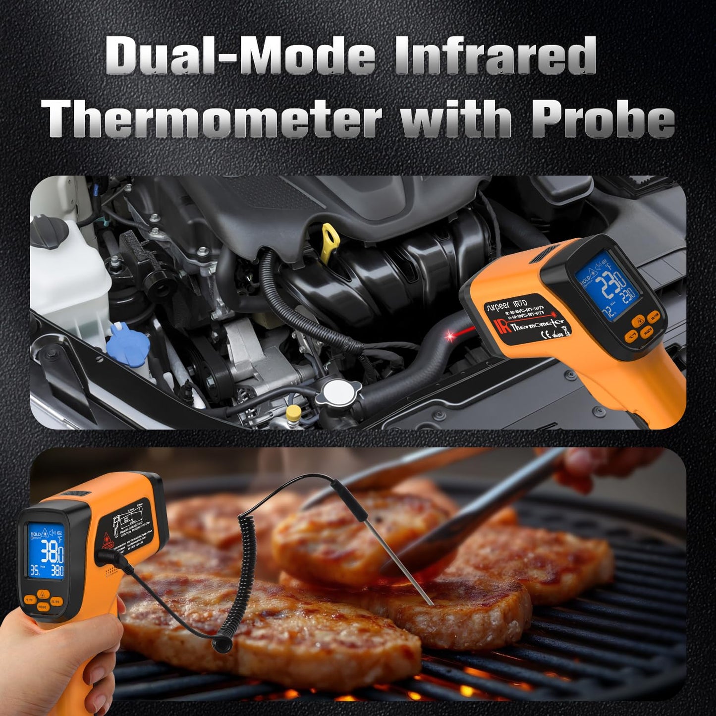 Dual-Mode Infrared Thermometer Gun，-58°F to 1472°F Laser Temp Gun, -58°F to 572°F K‑Type Probe with Humidity Display, 12:1 D:S