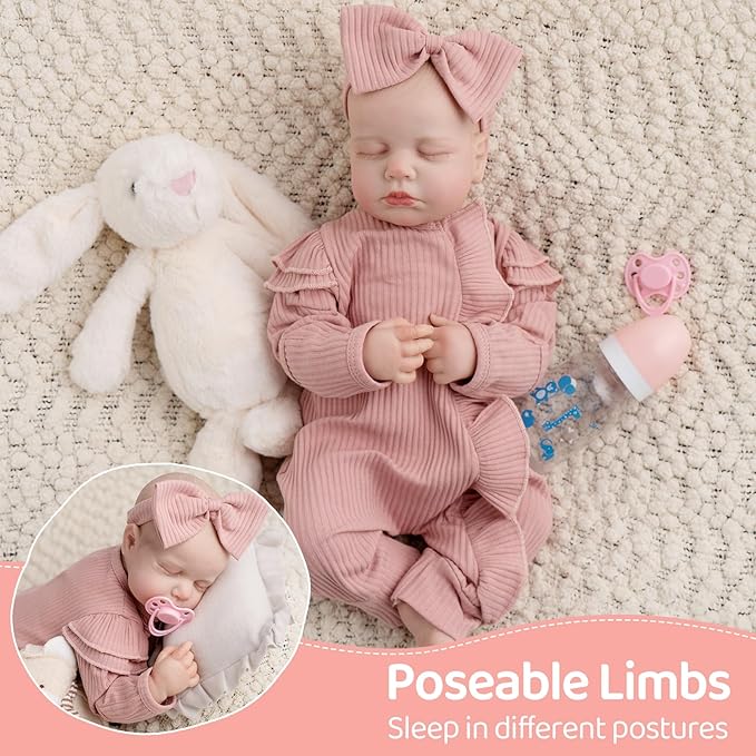 Jirachi Realistic Reborn Baby Dolls, Sleeping Real Life Soft Body Baby Girl, 18 Inch Lifelike Reborn Baby with Pink Clothing Set for Kids 3+