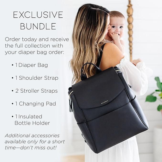MIA + SOPHIA Leather Diaper Bag Backpack with USB Charging port, Changing Pad, Stroller Straps, and Bottle Holder (Black Olivia)