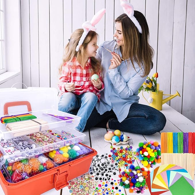 1405 Pcs Art and Craft Supplies for Boys and Girls, Toddler DIY Craft Art Supply Set Included Pipe Cleaners, Pom Poms, Feather, Folding Storage Box - All in One for Craft DIY Art Supplies(Orange)
