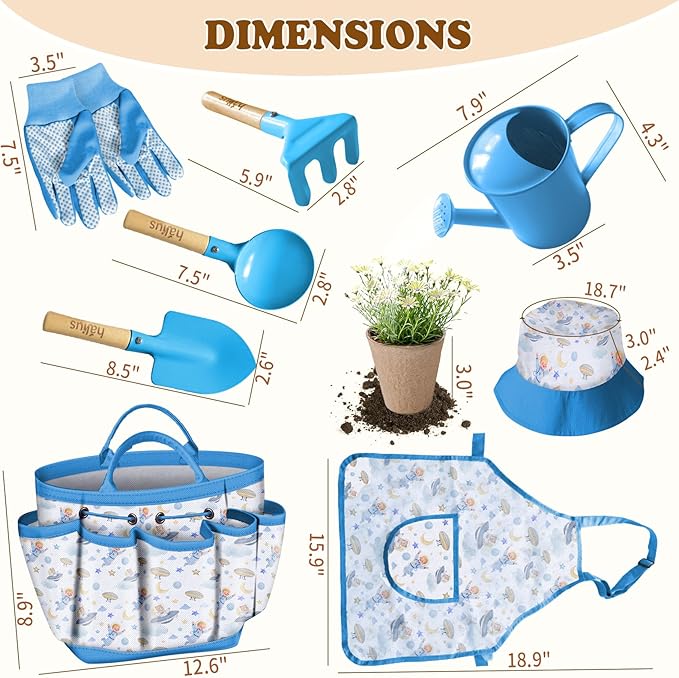 Kids Gardening Tool Set 18PCS Kids Toddler Gardening Set Includes Tote Bag Watering Can Apron Hat Rake Shovel Spoon Gloves Plant Pots and Labels, Outdoor Toys Gift for Boys Girls (Blue)