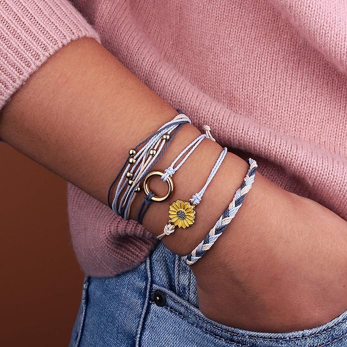 FANCY SHINY Sunflower String Bracelet Boho Braided Rope Wrap Bracelets Cute Summer Beach Surfer Jewelry for Women Christmas Gifts