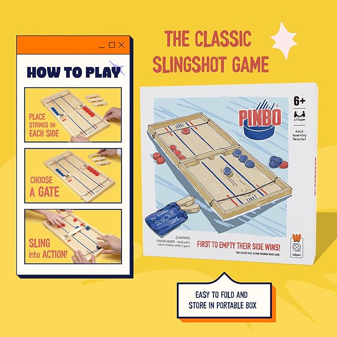 Pinbo The Classic Slingshot Game | Fast Action Foldable 2-Player Tabletop Wooden Game for Kids & Adults | Great for Travel & Game Night | Three Gates Included